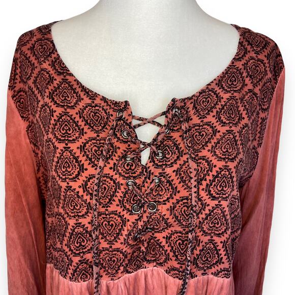 Umgee Orange Boho Printed Lace Up Neckline Blouse - Picture 2 of 6